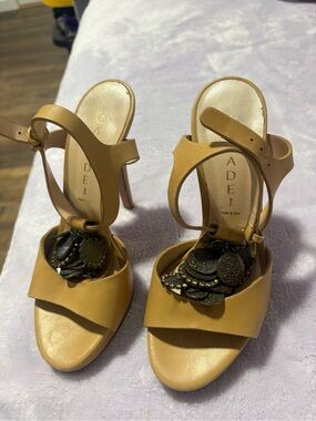 Casadei Tan Leather Coin-Detail High Heel Sandals